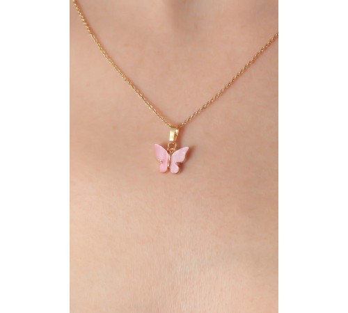 Gold Pembe Renk Kelebek Figür Kadın Kolye