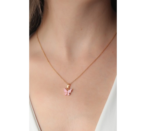 Gold Pembe Renk Kelebek Figür Kadın Kolye