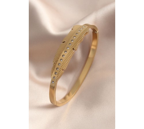 Gold Renk Yaprak Model Zirkon Taş Detay Kelepçe Kadın Bileklik Gold Renk Yaprak Model Zirkon Taş Detay Kelepçe Kadın Bileklik