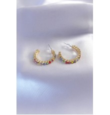 Gold Renk Yarım Halka Model Renkli Kristal Taşlı Kadın Küpe