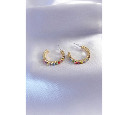 Gold Renk Yarım Halka Model Renkli Kristal Taşlı Kadın Küpe