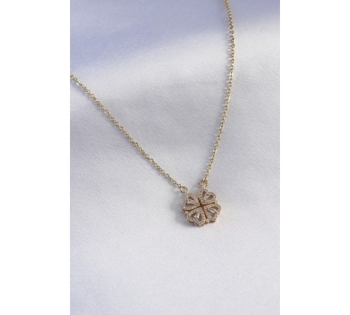 316L Çelik Gold Renk Açılır Zirkon Taşlı Yonca Model Kadın Kolye