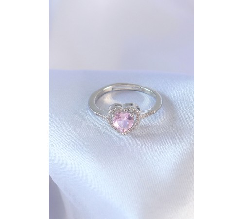 Gümüş Renk Pembe Zirkon Taşlı Kalp Charm Model Pirinç Kadın Yüzük