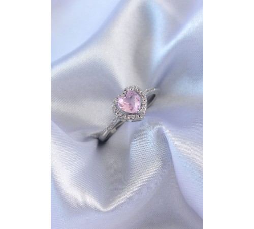 Gümüş Renk Pembe Zirkon Taşlı Kalp Charm Model Pirinç Kadın Yüzük