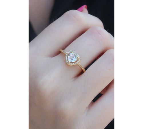 Gold Renk Zirkon Taşlı Kalp Model Charm Pirinç Kadın Yüzük