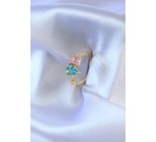 Gold Renk Renkli Zirkon Taşlı Pirinç Kadın Yüzük