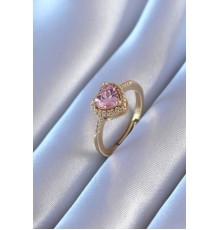 Gold Renk Zirkon Taşlı Kalp Model Pirinç Charm Kadın Yüzük