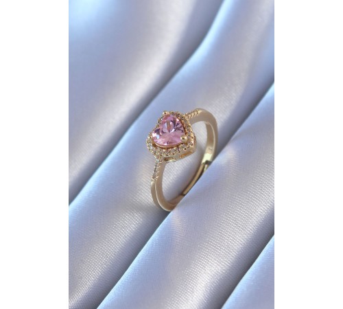 Gold Renk Zirkon Taşlı Kalp Model Pirinç Charm Kadın Yüzük