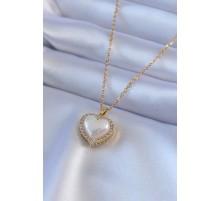 316L Çelik Gold Renk İncili Kalp Model Zirkon Taşlı Kadın Kolye