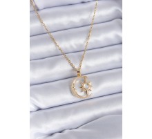 316L Çelik Gold Renk Zirkon Taşlı Ay Yıldız Model Kadın Kolye