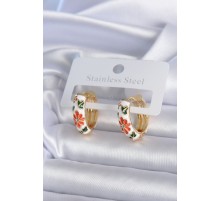 Pirinç Gold Renk Beyaz Renk Çiçek İşleme Detay Kadın Küpe