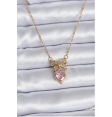 316L Çelik Gold Zincir Pembe Kristal Kalp Model Zirkon Taşlı Kurdele Model Kadın Kolye