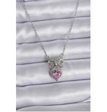 316L Çelik Gümüş Renk Zincir Pembe Kristal Kalp Zirkon Taşlı Kurdele Model Kadın Kolye