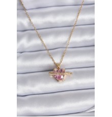 316L Çelik Gold Renk Zincir Pembe Kristal Kalp Model Zirkon Taş Detay Kadın Kolye