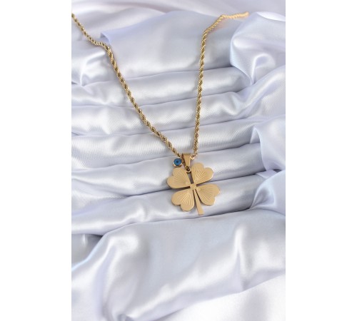 316L Çelik Gold Renk Burgu Model İşlemeli Yonca Figür Nazar Boncuk Detay Kadın Kolye