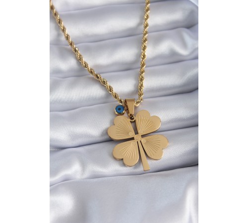 316L Çelik Gold Renk Burgu Model İşlemeli Yonca Figür Nazar Boncuk Detay Kadın Kolye