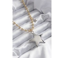 Pirinç Gold Renk Topçuk Zincir Gümüş 3D Yıldız Model Yıldız Detay VİP Kadın Kolye