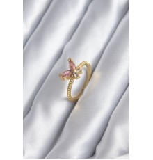 Gold Renk Pembe Zirkon Taşlı Kelebek Model Kadın Yüzük