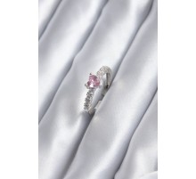 Gümüş Renk Zirkon Taşlı Pembe Kristal Kalp Model Kadın Yüzük