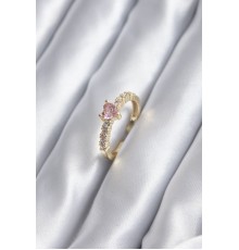 Gold Renk Zirkon Taşlı Pembe Kristal Kalp Model Kadın Yüzük