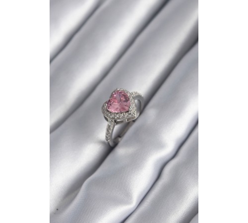 Gümüş Renk Pembe Zirkon Taşlı Charm Kalp Model Kadın Yüzük Gümüş Renk Pembe Zirkon Taşlı Charm Kalp Model Kadın Yüzük