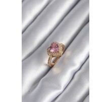 Pirinç Gold Renk Pembe Zirkon Taşlı Charm Kalp Model Kadın Yüzük