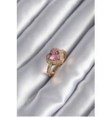 Pirinç Gold Renk Pembe Zirkon Taşlı Charm Kalp Model Kadın Yüzük