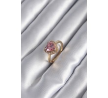 Pirinç Gold Renk Pembe Zirkon Taş Kalp Charm Model Kadın Yüzük
