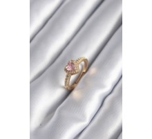 Pirinç Gold Renk Pembe Zirkon Taş Kalp Charm Model Kadın Yüzük