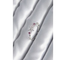 Pirinç Gümüş Renk Zirkon Taşlı Çiçek Model Pembe Zirkon Taş Detay Kadın Yüzük