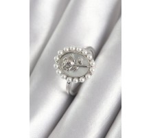 Pirinç Gümüş Renk Portre Gül Model İnci Detay Kadın Yüzük