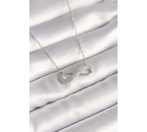 316L Çelik Gümüş Renk Zincir Zirkon Taşlı Sonsuzluk Model Kadın Kolye