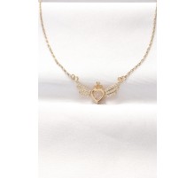 316L Çelik Gold Renk Zirkon Taşlı Kalpli Kanat Kolye