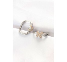 Pirinç Çift Renk Taşlı X Tasarımlı Dikdörtgen Küpe