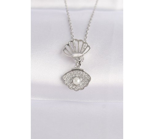 316L Çelik Zincir Gümüş Renk Zirkon Taşlı İnci Detay İstiridye Kolye