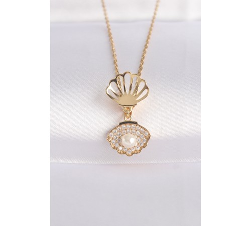 316L Çelik Zincir Altın Renk Zirkon Taşlı İnci Detay İstiridye Kolye