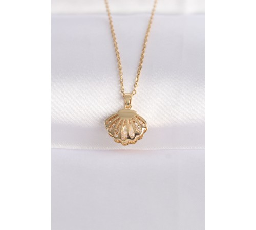 316L Çelik Zincir Altın Renk Zirkon Taşlı İnci Detay İstiridye Kolye