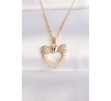 316L Çelik Zincir Altın Renk İnci Taş Detay Zirkon Taşlı Kalp Kolye