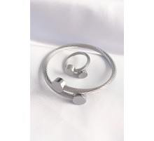 316L Çelik Gümüş Renk Oval Aksesuarlı Burgu Model Bileklik ve Yüzük Kombini