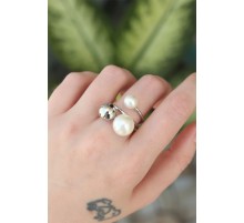 Pirinç Gümüş Renk Ayarlanabilir İnci Taşlı Yüzük