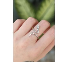 Pirinç Gümüş Renk Ayarlanabilir Zirkon Taşlı Yılan Yüzük