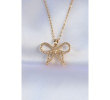 316L Çelik Zincir Gold Renk Zirkon Taşlı Fiyonk Kolye