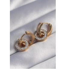 316L Çelik Gold Renk Zirkon Taşlı İç İçe Geçmeli Oval Küpe