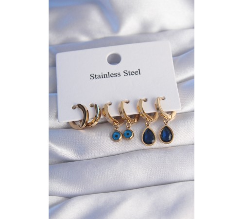 316L Çelik Gold Renk Oval Tasarım Mavi Zirkon Taşlı Damla Model Küpe Seti 316L Çelik Gold Renk Oval Tasarım Mavi Zirkon Taşlı Damla Model Küpe Seti