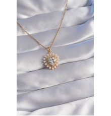 316L Çelik Zincir Gold Renk İncili Zirkon Taşlı Kalp Tasarımlı Kolye