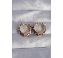 Pirinç Gold Renk Mor Etnik Desenli Halka Küpe