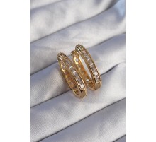 Pirinç Gold Renk Zirkon Taşlı Oval Model Küpe