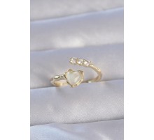 Pirinç Gold Renk Zirkon Taşlı Sedefli Kalp Model Ayarlanabilir Yüzük