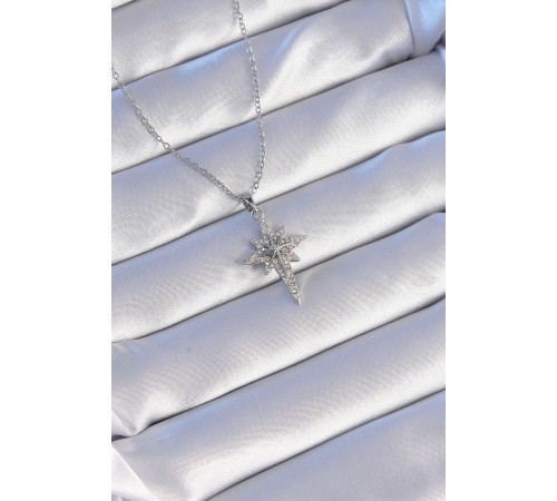 316L Çelik Gümüş Renk Zirkon Taşlı Kutup Yıldızı Model Kolye