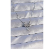 316L Çelik Zincirli Gümüş Renk Zirkon Taşlı Damla Detay Fiyonk Model Kolye